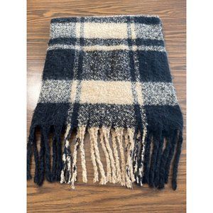Tan black plaid scarf with fringe
